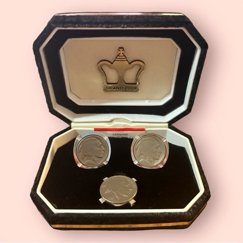 Grand Prix - Buffalo Nickel Silver Cuff Links & Tie pin - Vintage - Picture 2 of 4